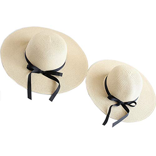 2 PCS Parent-Child Straw Hat Wide Brim Bowknot Cap Beach Sun Hat for Girls Women - color: Ribbon White