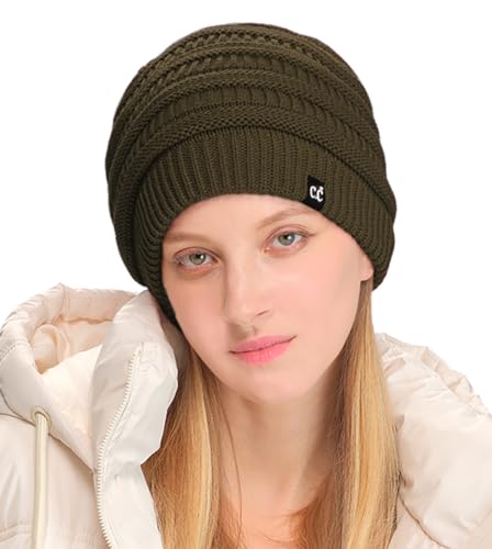 C.C Beanie Oversized Hat with Fuzzy Lining – Thick Knit Thermal Beanie for Cold Weather, Soft Warm Fleece Lined Cap - color: Dark Green