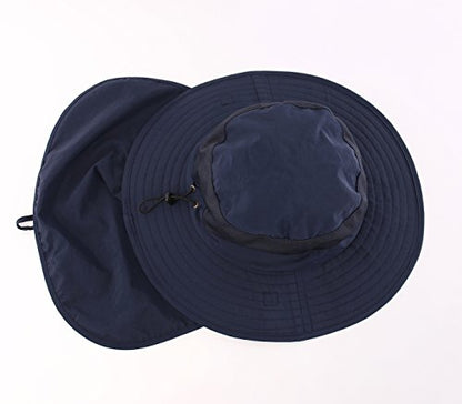 Home Prefer Outdoor UPF50+ Mesh Sun Hat Wide Brim Fishing Hat with Neck Flap Sun Hat for Men Women - color: Navy Blue