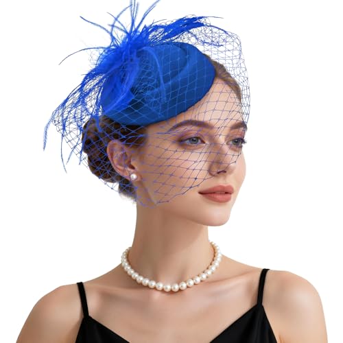 Fascinator Hat Veil Feather Fascinator Tea Party Bridal Wedding Veil Retro Hat Pillbox Hat - color: Blue