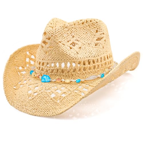 WQWOVRVO Cowboy Hat,Cowgirl Hat,Cowboy Hats for Women/Mens/Straw Wide with Shapeable Brim Cowboy Hat for Womens/White/Black. - color: Blue & White