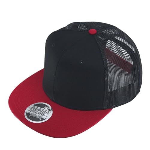 Plain Cotton Twill Flat Brim Mesh Adjustable Snapback Trucker Baseball Cap - color: Red/Black/Black