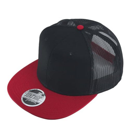Plain Cotton Twill Flat Brim Mesh Adjustable Snapback Trucker Baseball Cap - color: Red/Black/Black