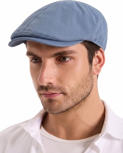 ZLYC Men Cotton Flat Cap Summer Scally Newsboy Beret Driver Hat - color: Plain Blue