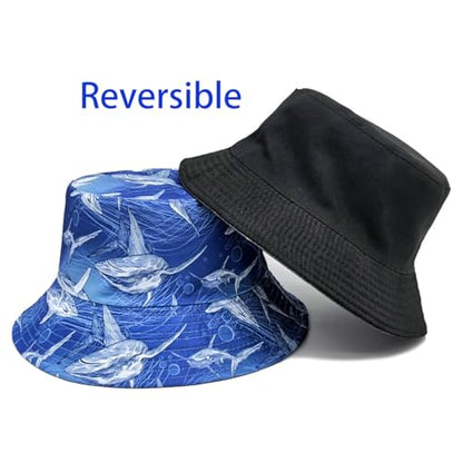 Shark Pattern Bucket Hat for Men Women, Reversible Double-Side-Wear Sun Hat, Packable Beach Fisherman Cap - color: Shark Pattern