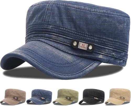 Initlove Cadet Caps for Men Washed Cotton Military Army Cap Flat Top Hat for Women - color: Navy