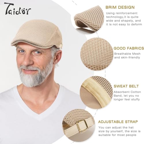 2 Pack Men's Mesh Cap Breathable Summer Newsboy Hat Adjustable Beret Ivy Cap Irish Cabbie Driving Hunting Hats - color: Black/Beige