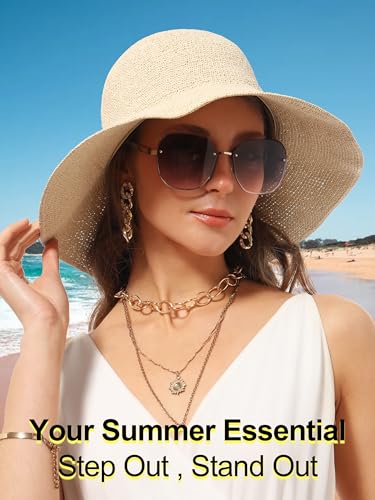 Womens Sun Hat Handmade Foldable Straw Bucket Hat Summer Crochet Travel Cap - color: Beige, size: Medium