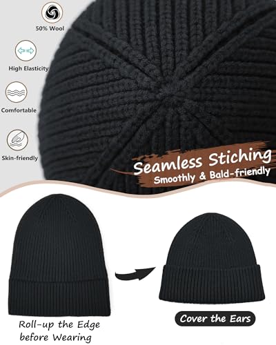 Wool Beanie for Men Women, Seamless Knit Cuffed Warm Winter Hats - color: 1pcs-black
