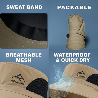 Sun Hat for Men & Women, Breathable Wide Brim Outdoor Fishing Hat with Face Cover & Neck Flap - color: Khaki