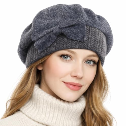 VECRY Lady French Beret 100% Wool Beret Floral Dress Beanie Winter Hat - color: Bow-grey