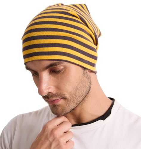 ZLYC Cotton Thin Slouchy Beanie Hat for Men Women Stretch Skull Cap - color: Striped Brown and Yellow, size: One Size