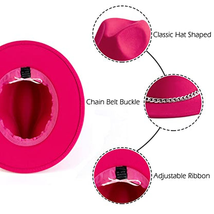 Women Men Wide Brim Fedoran Hat with Chain Belt Buckle - color: Rose Red