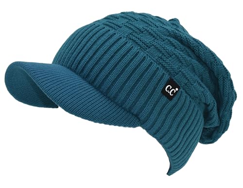 C.C Fuzzy Fleece Lined Warm Oversized Chunky Soft Stretchy Oversized Two Way Ribbed Slouchy Knit Hat with Visor Brim - color: Teal Blue