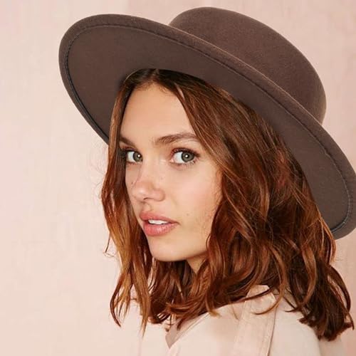 Classic Fedora Flat Top Hat Pork Pie Hat Felt Boater Church Derby Cap for Men/Women - color: Brown