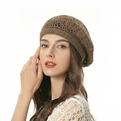 ZLYC Women Cotton Slouchy Crochet Beret Handmade Cutout Floral Beanie Hat - color: Plain Brown