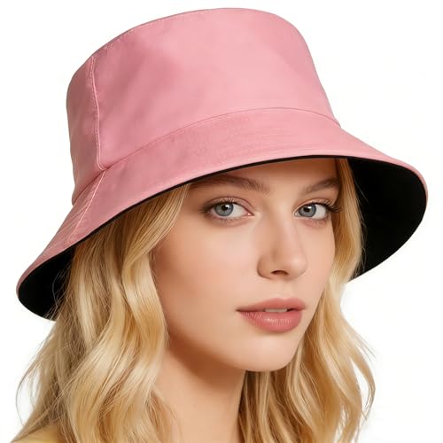 Bucket Hat for Men and Women 2-in-1 Reversible Sun Protection Fashion Flat Top Cap for Fishing Travel Beach Sports - color: Pink-black