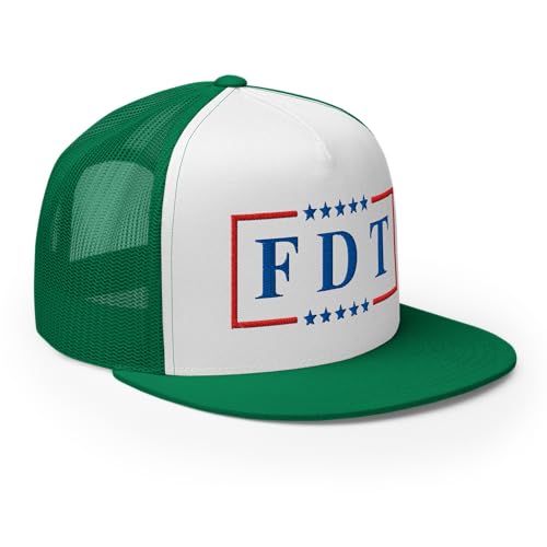 NX FDT Embroidered Flat Bill Trucker Hat High Crown Adjustable FDT Hat - color: Kelly/ White/ Kelly