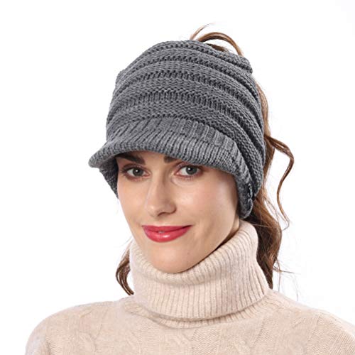 Women's BeanieTail Warm Knit Hat Messy High Bun Ponytail Visor Beanie Cap - color: B324-grey, size: Medium