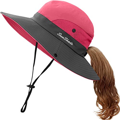 IYEBRAO Kids UV Sun Hat with Ponytail Hole UPF 50 Bucket Cap for Girls Summer Beach ＆ Fishing - color: Watermelon Red