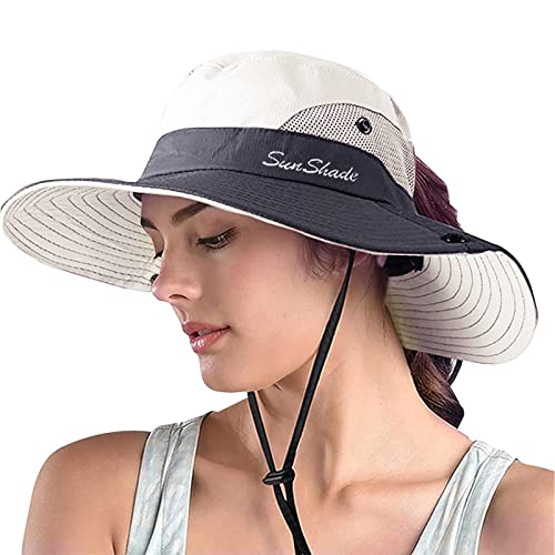 ZOORON Women's Ponytail Safari Sun Hat,Wide Brim UV Protection Bucket Hat - color: 1-beige