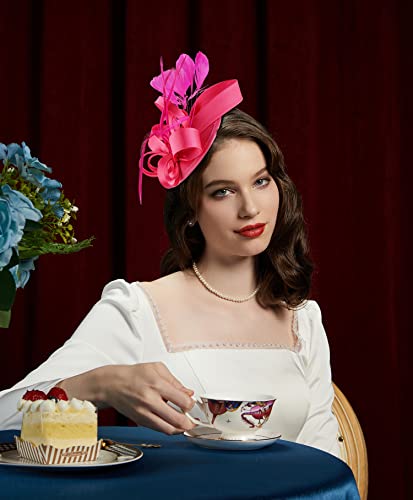 Kentucky Derby Fascinators for Women High Tea Party Hat Wedding Cocktail Flower Headware with Mesh and Feathers - color: Y-rose