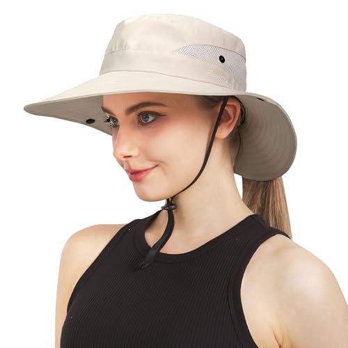 NPJY Ponytail Sun Hats for Women Men Wide Brim UPF Fishing Bucket Hat - color: Beige (Ponytail Hole)