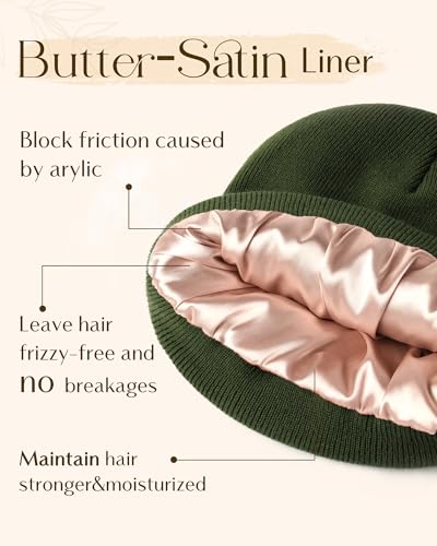 YANIBEST Satin Lined Beanie for Women, Reduce Frizz Winter Hats - color: Pine Green