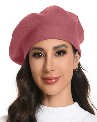 Women's Knitted Beret, French Style Double Layer Winter Autumn Warm and Soft Beanie Hat Cap - color: Z-pink