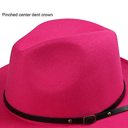 DRESHOW Women Classic Felt Fedora Wide Brim Floppy with Belt Buckle Panama Hat - color: 1 Pack: Felt Fedora Hot Pink