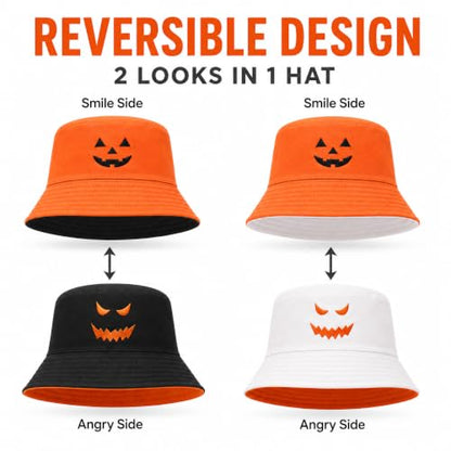 Reversible Halloween Pumpkin Bucket Hat, Cute and Spooky Hat for Adults - color: 2pc-orange/Black&orange/White
