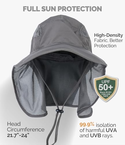 Hat Hut Ultra-Light Sun Hat with Neckflap, UPF 50+, Wide Brim, Breathable Outdoor Hiking Fishing Hats for Men - color: Dark Grey