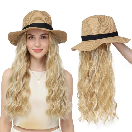 Hat Wig Panama Hat with Mix Blonde Long Wave Hair Attached for Women Khaki Color Wide Brim Straw Beach Sun Hat Wig - color: K-Mblonde