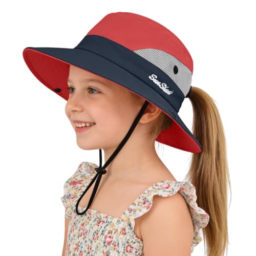 ZOORON Kids Girls Ponytail Sun Hat UPF 50+ Breathable Mesh Water-Resistant - color: Two-tone Red