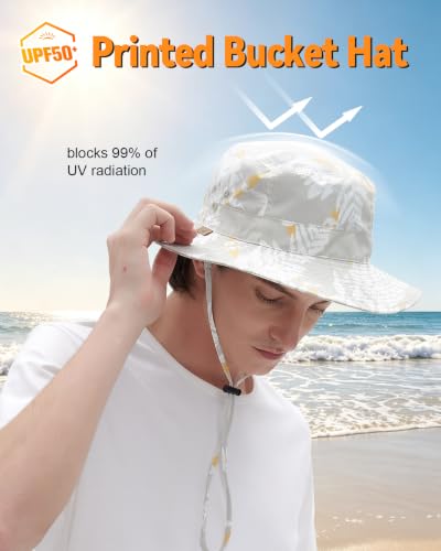 Printed Bucket Hat UPF 50+ Sun Hat, Women Men Roll-Up Brim Boonie Hat - color: Light Khaki