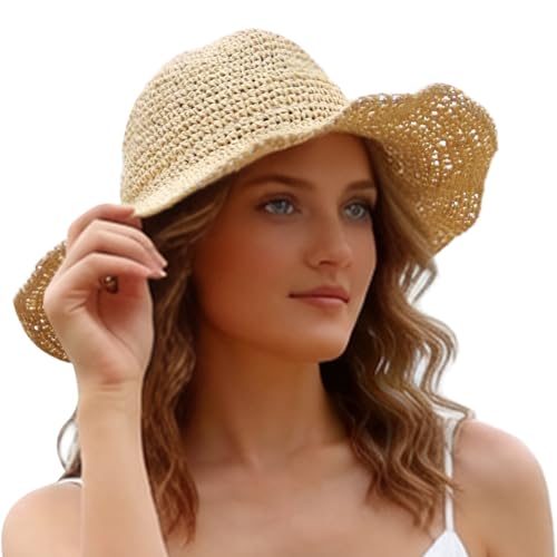 Oweisong Sun Hats for Women Wide Brim Floppy Beach Hats Packable Boho Crochet Straw Hat for Summer Vacation Travel - color: Begie