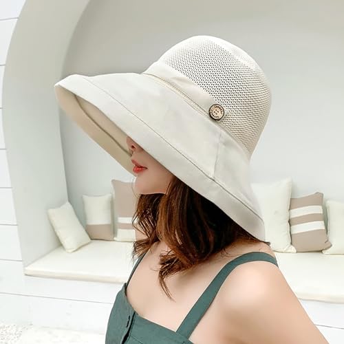 Summer Mesh Sun Hats for Women UV Protection Wide Brim Packable Bucket Hat - color: Beige