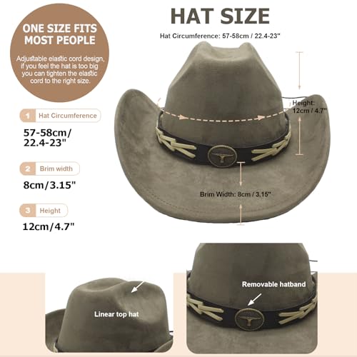 Western Cowboy Hat for Women Men with Band Wide Brim Suede Cowboy Cowgirl Hat Western Style Hat - color: Army Green