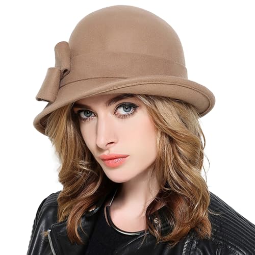 Wool Felt Vintage Winter Warm Hats for Women Bowknot Pillbox Cap Ladies Fascinator Kentucky Party Ceremony Church Fedoras - color: Khaki