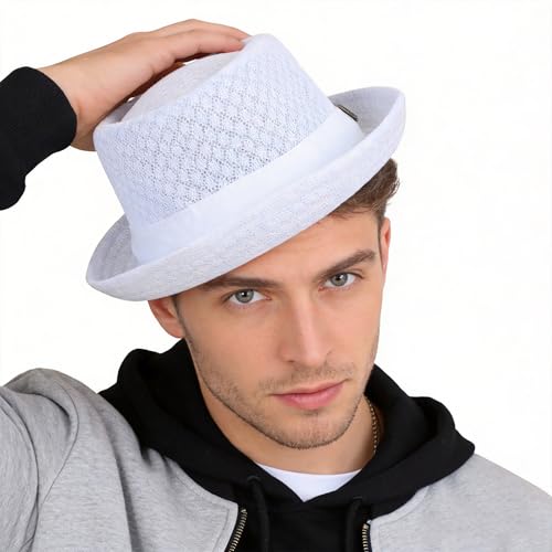 Vintage Mesh Fedora Hat for Men Women Breathable Foldable Summer Sun Hat Beach Travel Trilby Cap Roll Brim Derby Cap - color: White