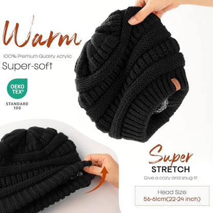 FURTALK Winter Beanie Hat for Women Satin Lined Cable Knit Chunky Slouchy Beanies Skull Warm Cap - color: Black