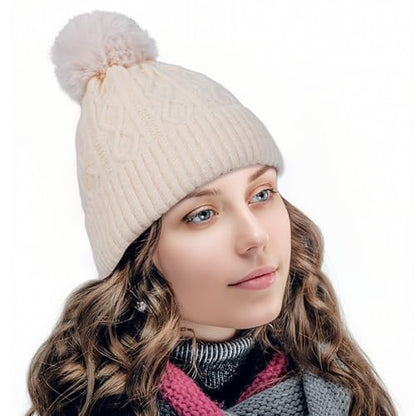 Pom Pom Beanie for Women & Girls, Warm Knit Winter Hat - color: Beige