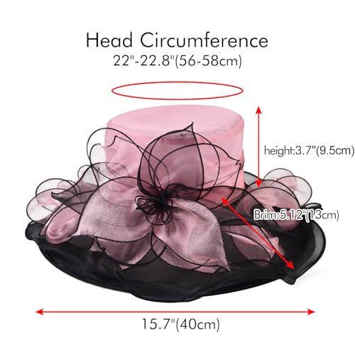 2026 Derby Hats for Women Ladies, Classy Organza Sun Hat, Church Tea Party Wedding Kentucky Fascinator Hat - color: J-2462-pink Black