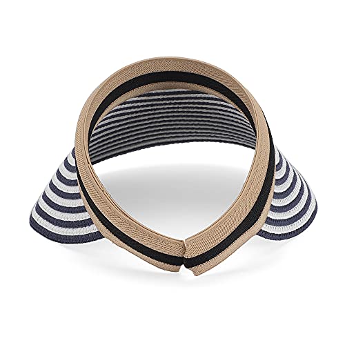 Women Summer Sun Hat Lady's Portable Beach Visor Bowknot Straw Hat - color: Navy Stripe