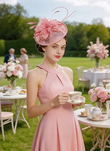 Z&X Sinamay Fascinator Hat Floral Feather Pillbox Derby Hats for Women Wedding Tea Party with Headband Clip - color: 007 Pink