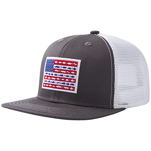 BASSDASH Flat Brim Trucker Cap Adjustable Snapback Hat Mesh Back for Men Women - color: Charcoal Grey/Fish Flag