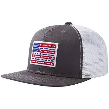 BASSDASH Flat Brim Trucker Cap Adjustable Snapback Hat Mesh Back for Men Women - color: Charcoal Grey/Fish Flag