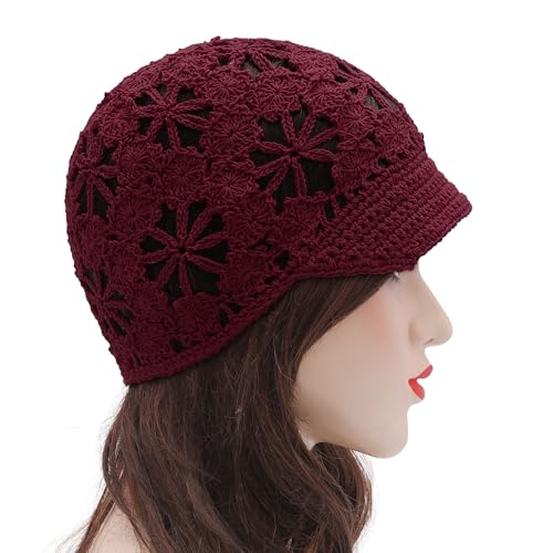 ZLYC Women Summer Slouchy Crochet Hat Handmade Cutout Skull Cap with Visor - color: Plain Burgundy, size: One Size