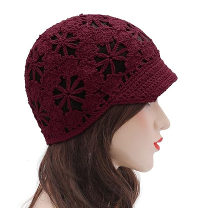 ZLYC Women Summer Slouchy Crochet Hat Handmade Cutout Skull Cap with Visor - color: Plain Burgundy, size: One Size