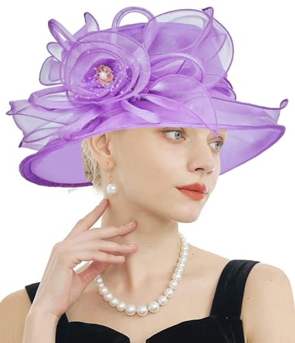 Women's Kentucky Derby Church Dress Hat Wide Brim Leaf Flower Bridal Shower Hat - color: F4 Purple